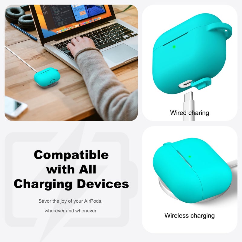 R-fun AirPods Pro Case Cover with Keychain, Full Protective Silicone Skin Accessories for Women Men Girl Adult with Apple 2019 Latest AirPods Pro Case, Front LED Visible-Teal - Image 3